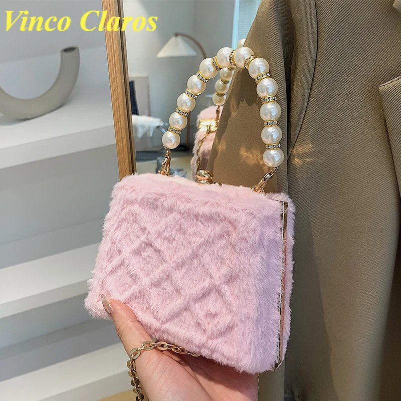 

Mini Box Plush Bag with Beading Handle Designer Small Totes Luxury Brand Chain Shoulder Bag Women Winter Crossbody Bags Handbags