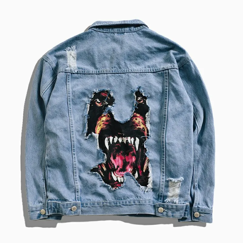 

Men's Hip Hop Denim Jacket Funny Dog Printed Broken Hole Jean Jacket Spring Autumn Streetwear Coat for Couples wear