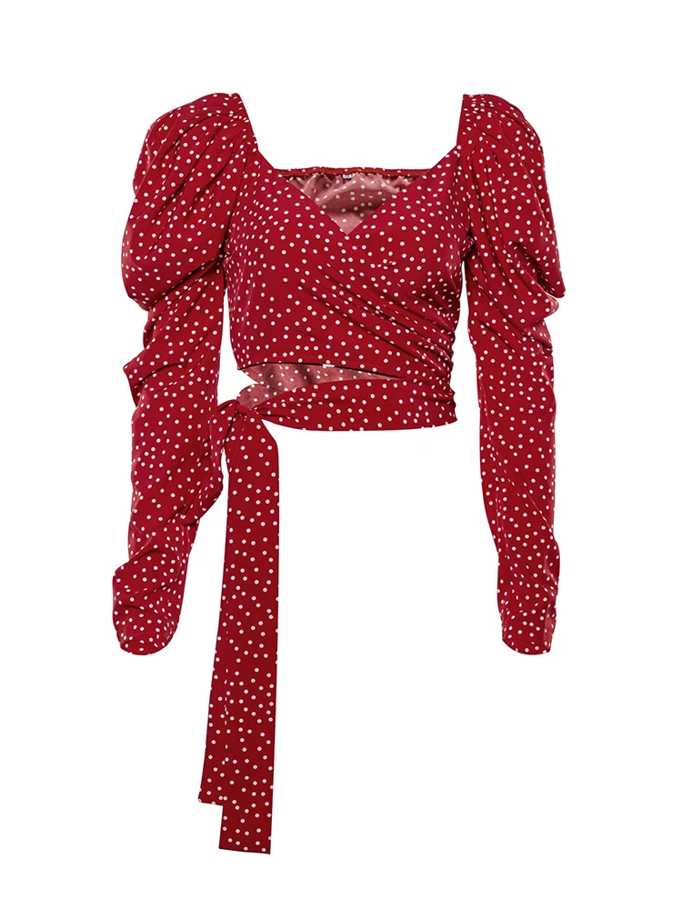 Женский винтажный Топ OOTN красный короткий топ в горошек с буффами и длинным