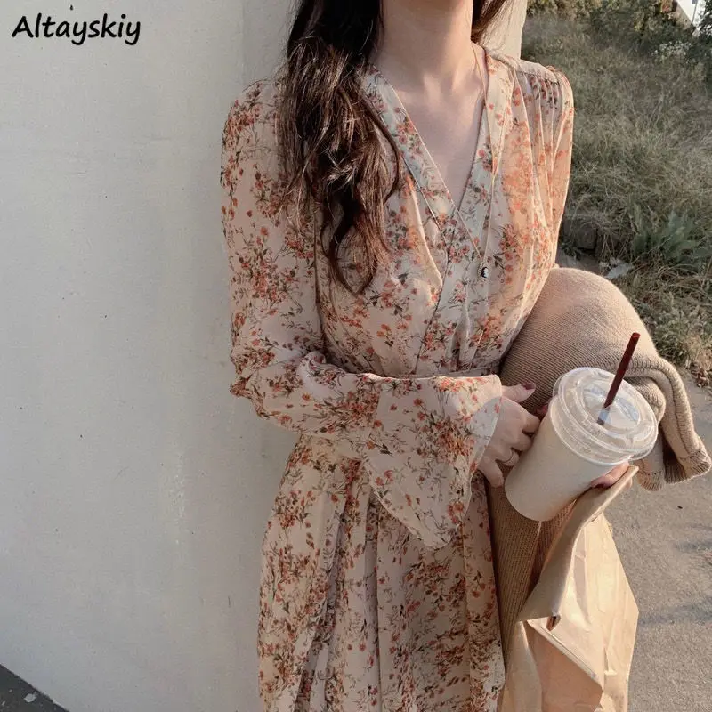 

Long Sleeve Dress Women Spring Floral V-neck Romantic Mini French Style Clothing Harajuku Newest Tender Popular Lovely Ulzzang