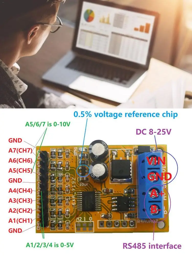 R4AVA07 7 канальный RS485 аналоговый коллектор напряжения ADC Modbus RTU 03 06 код функции |