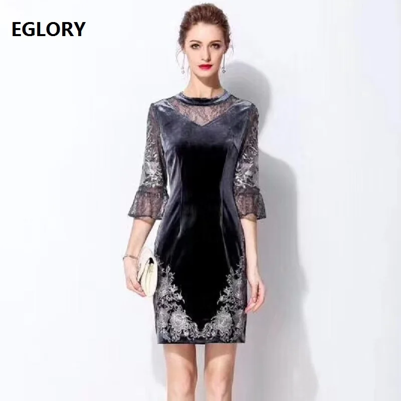 

Vestidos De Festa 2020 Spring Sexy Party Cocktail Women Sexy Sheer Lace Embroidery Patchwork Flare Sleeve Bodycon Sheath Dress