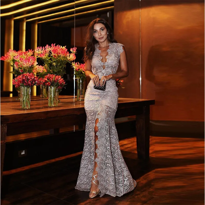 

New Women's Dress Sexy Deep V Slim Dresses Elegant Temperament Lace Long vestidos for Ladies Party Wedding Dress roupas feminina