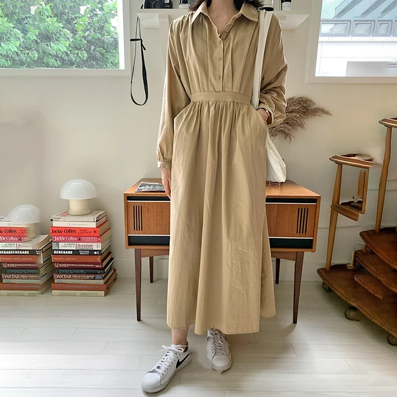 

Женское платье в стиле ретро, Осеннее элегантное платье-макси со складками и поясом, повседневное мешковатое платье с поясом