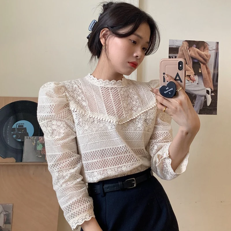 

Lace Hollow Korean Office Chic Vintage Blouse Tops Casual Stand Collar Apricot Blouses Women Puff Sleeve Shirts Thin 12624