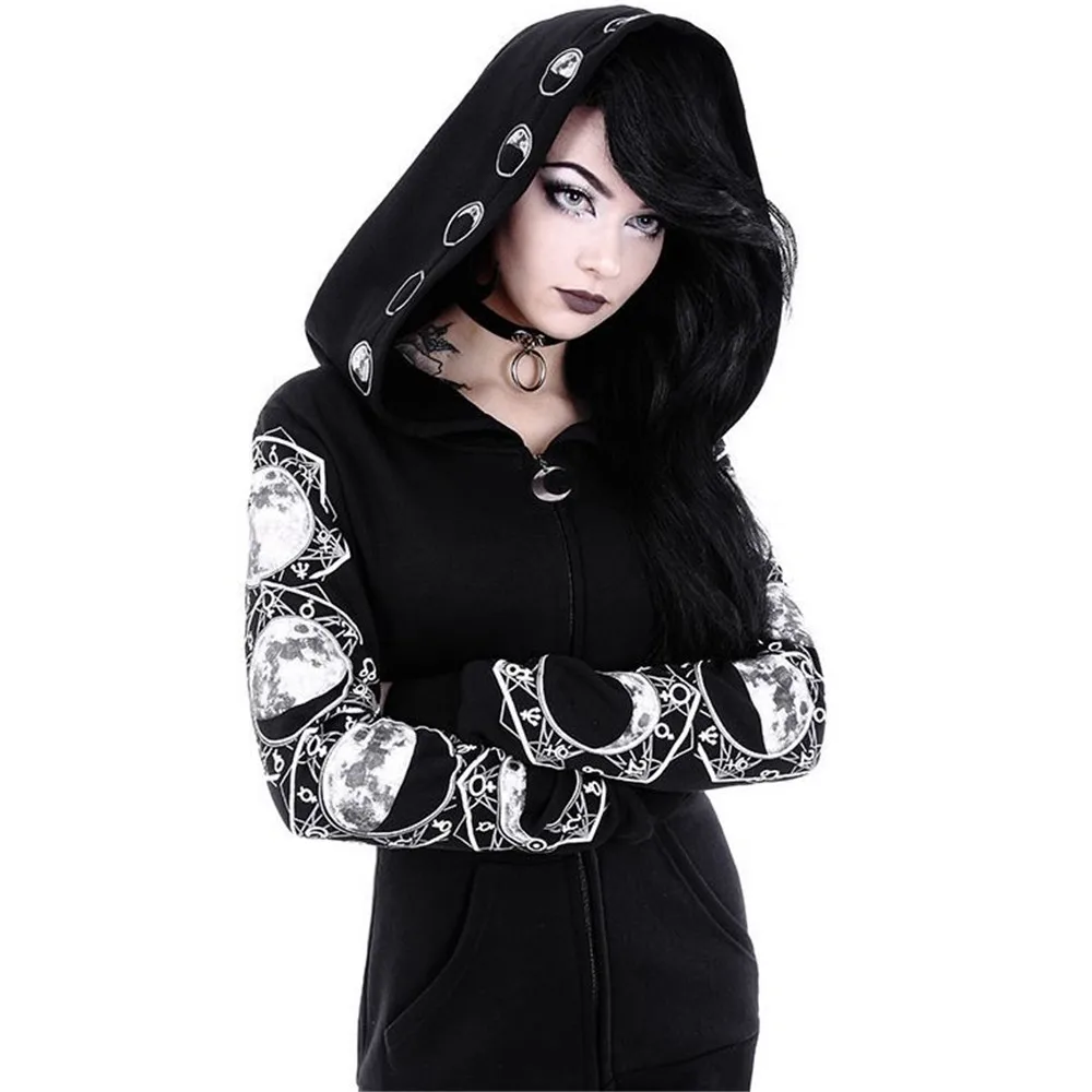 

Gothic Hooded Black Hoodie Women Gothic Casual Moon Print Chic Black Hoodies Plus Darkness Fashion Streetwear Sweatshirt Punk