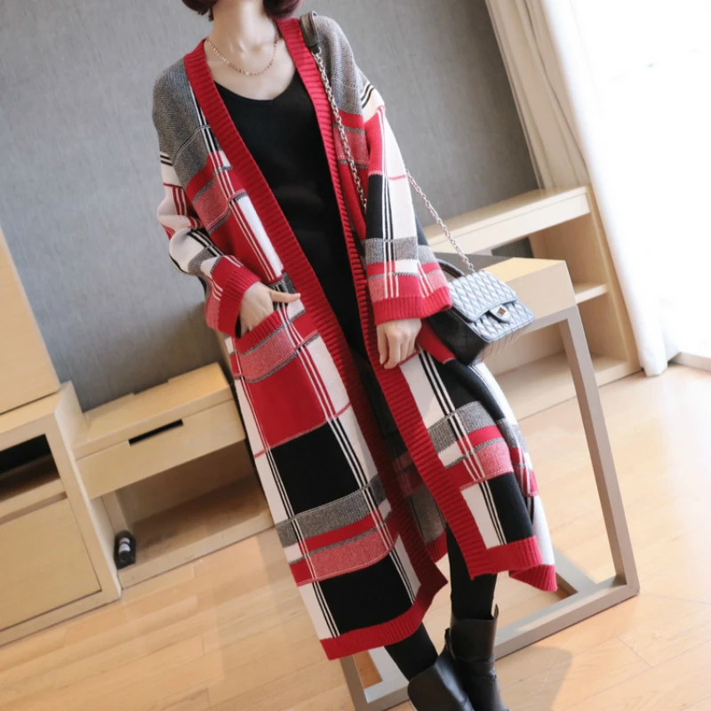 

Print Plaid Thick Warm Cotton Autumn Sweater Women Open Stitch Loose Red Knitted Cardigan Sweater Coat Women Solid Jacket Winter