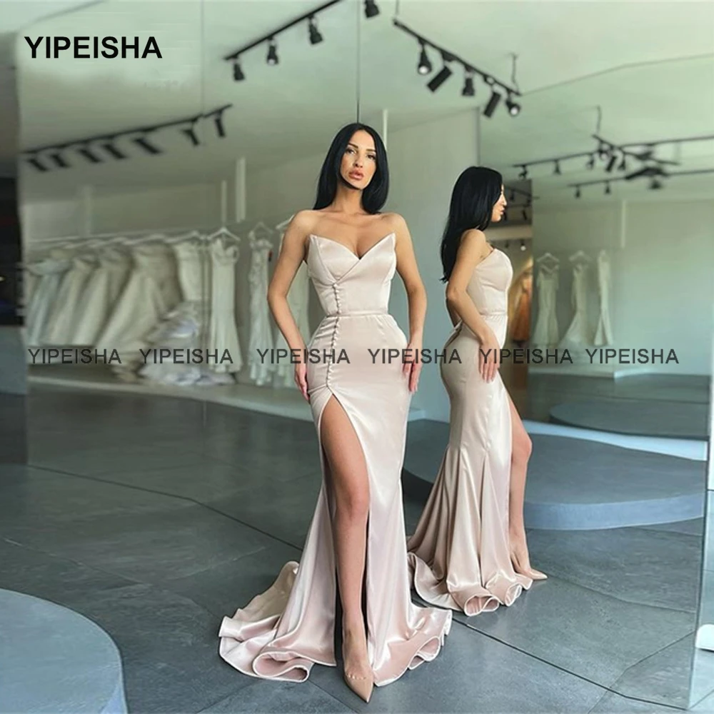 Yipeisha Sexy Side Slit Long Bridesmaid Dress Sweetheart Button Long Wedding Party Dress Formal Celebrity Maid of Honor Gowns images - 6
