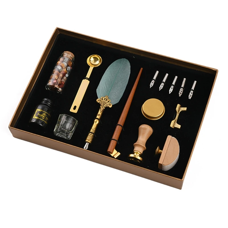 

Retro Calligraphy Quill Feather Dip Pen with Nibs Wax Seal Stamp Holder Gift Box 24BB