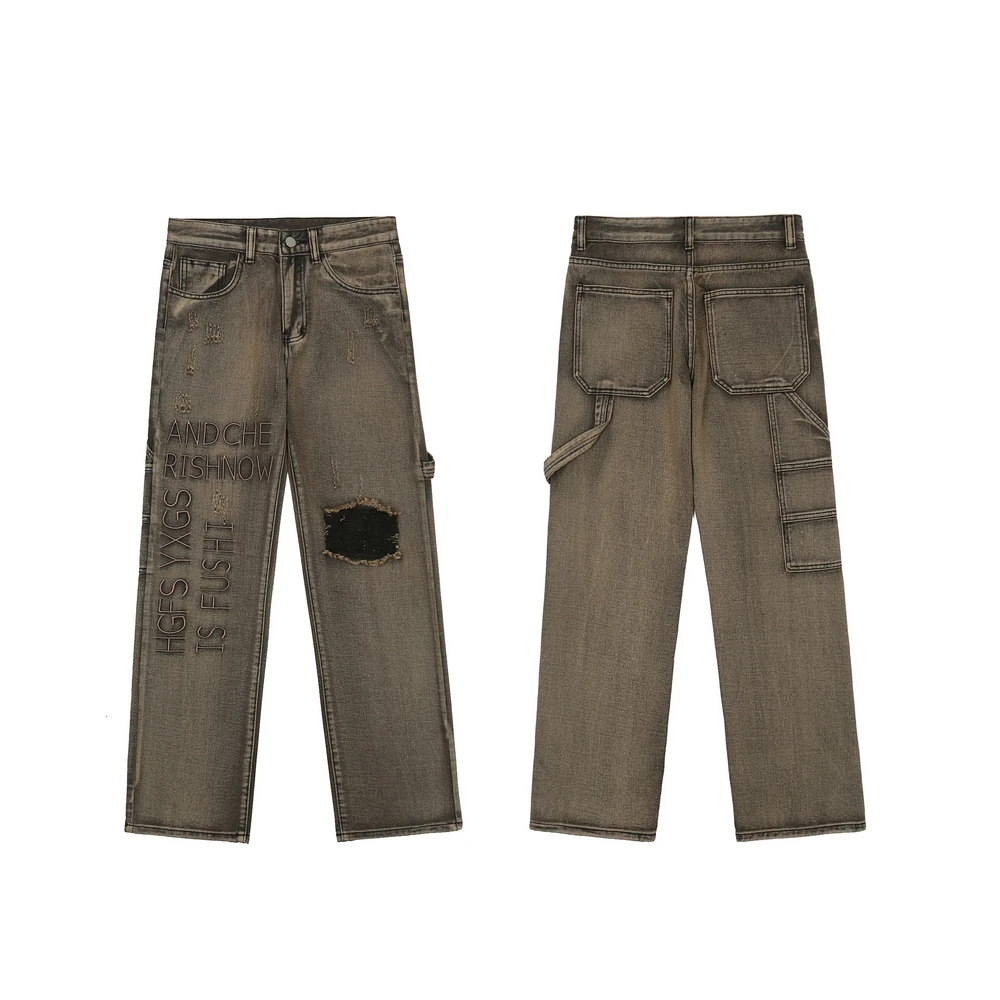 

Джинсы мужские рваные С Вышивкой Букв, винтажные хипстерские джинсы в стиле панк, уличная одежда свободного покроя, осень