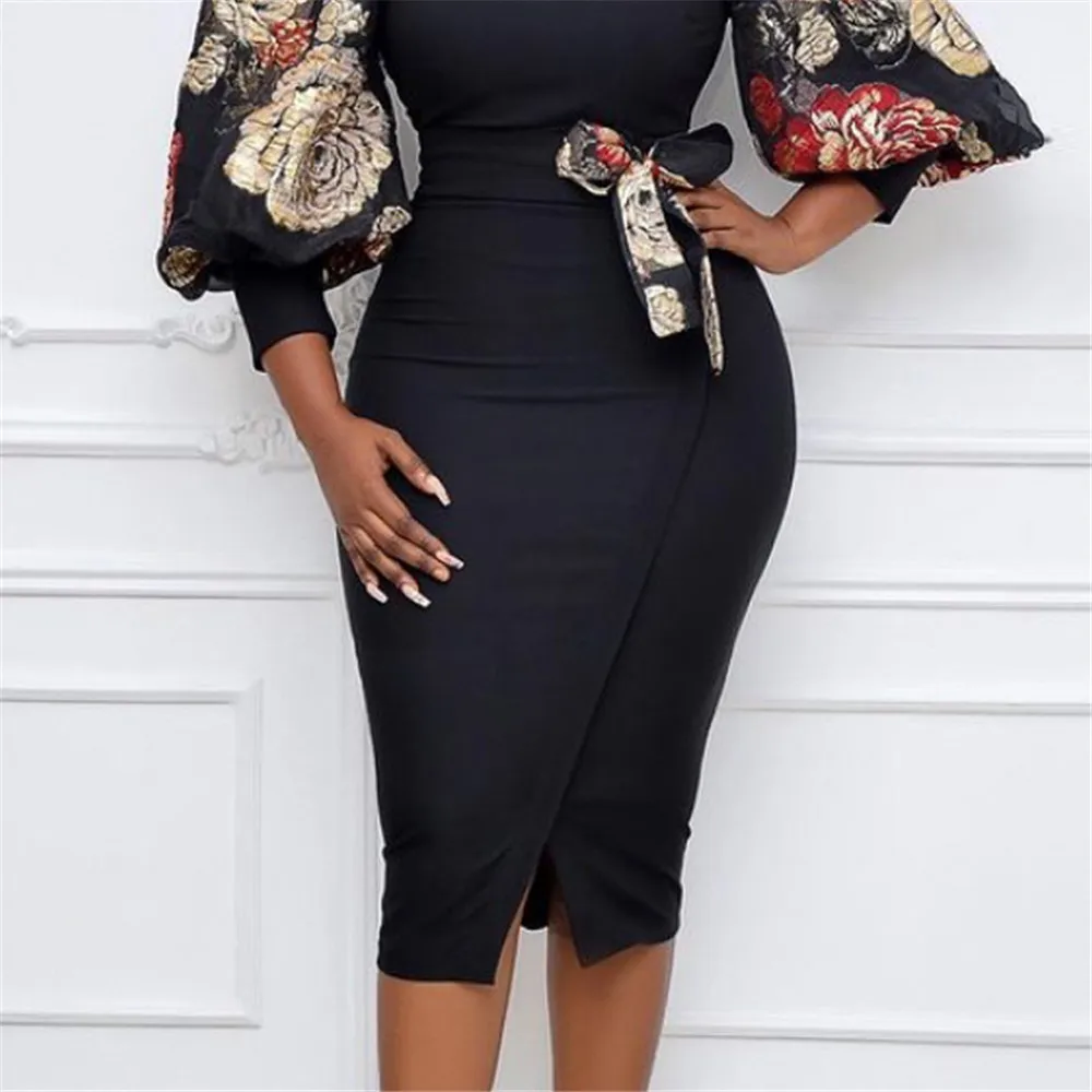 

Women Black Office Bodycon Dresses Women Elegant Floral Print Lantern Sleeve Summer Dress 2021 African Ladies Party Maxi Robe