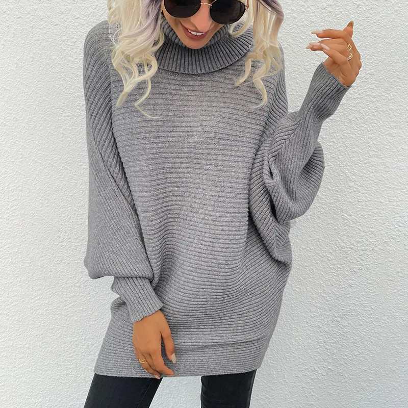 

Fashion Women Sweater New Casual Hot Sale High Neck Pullover Solid Color Loose Large Size Bat Sleeve Knitted Sweater