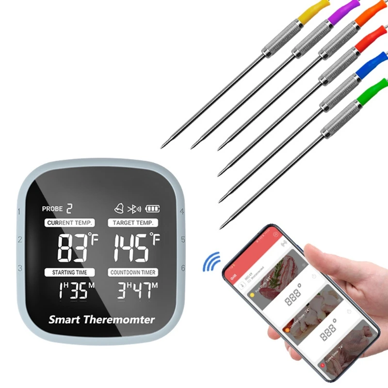 

Smart Thermometer Wireless APP Control and Instant Read Barbecue Thermometer with 6 Color-Coded Probes Food Cooking BBQ Thermome