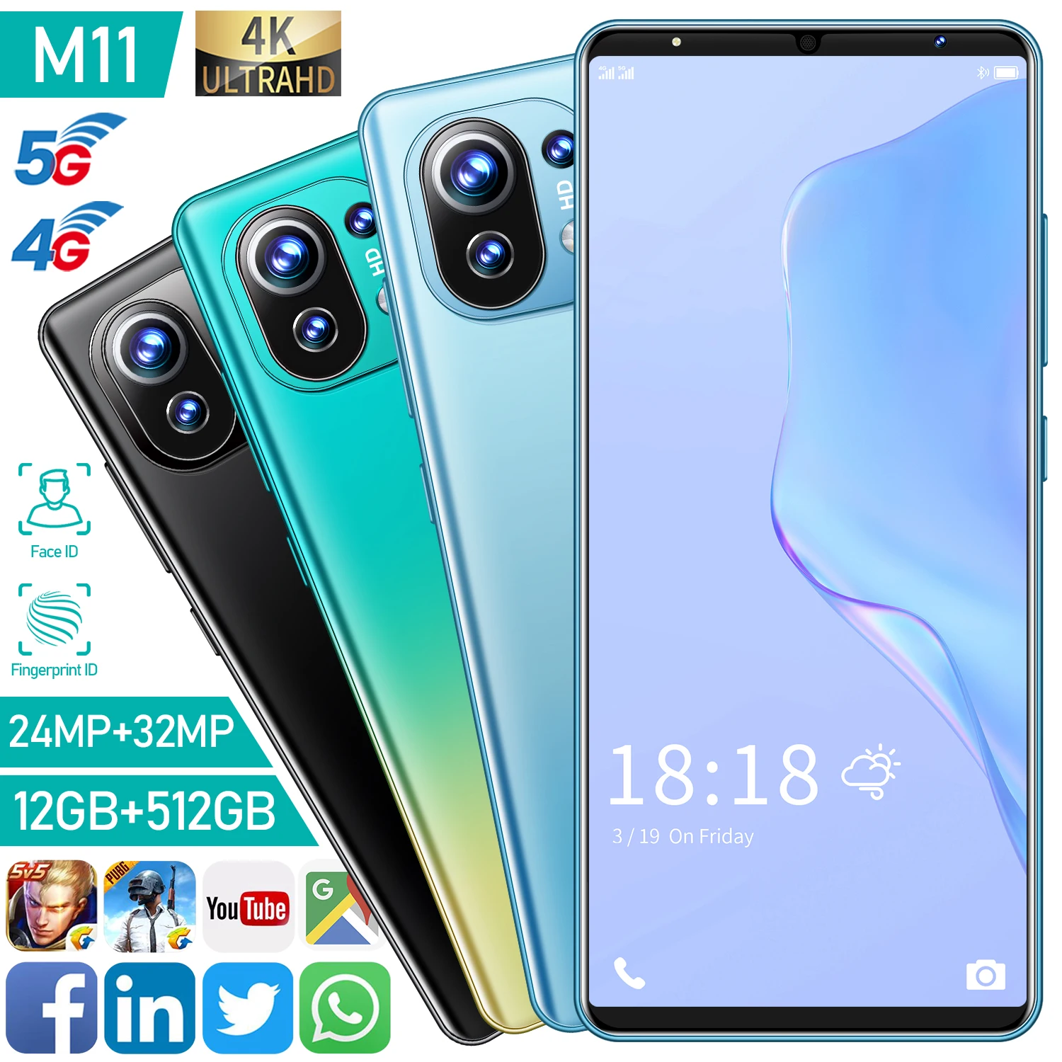

2021 New Global Version M11 Smartphones 6.1Inch 12+512GB 5200mAh Dual SIM Dual Standby Support Face ID 4G 5G Android CellPhone