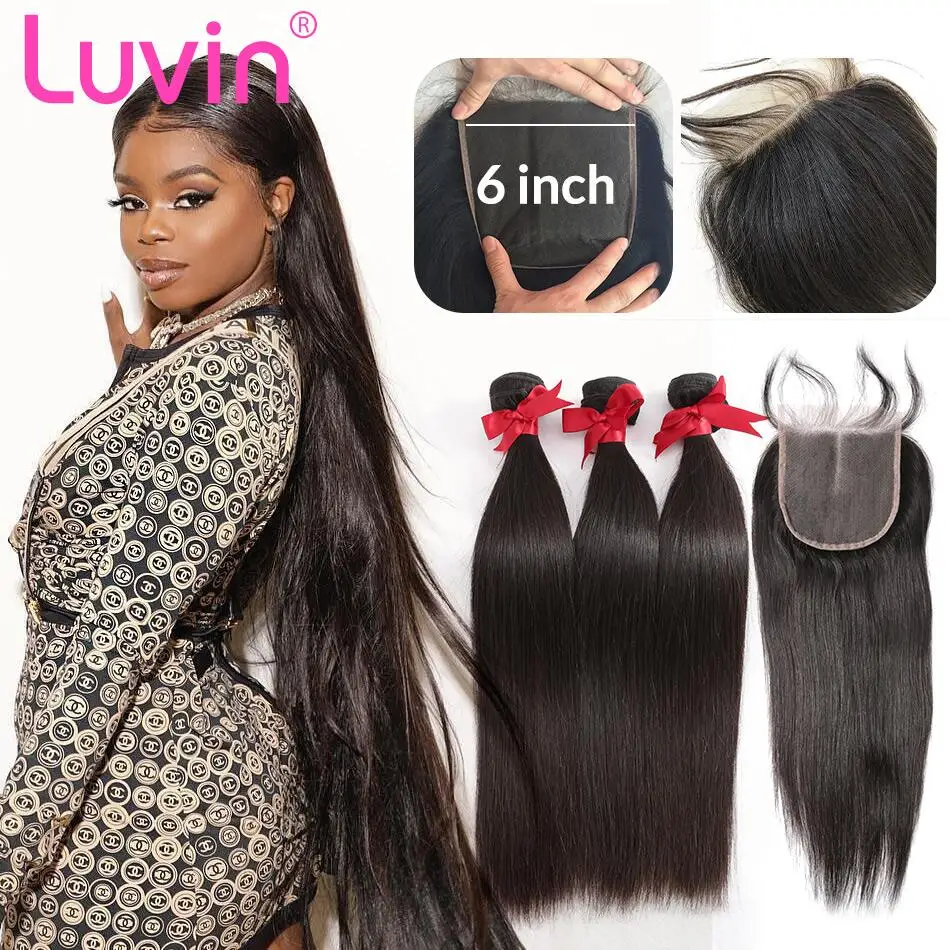 Luwin 26 28 30 32 40 дюймов перуанские Remy прямые человеческие волосы переплетения пучки с 6x6 Кружева Закрытие Фронтальная 3 4 пучка расширения