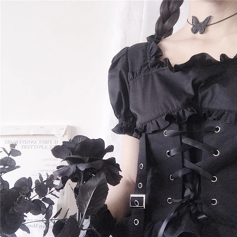 

Victorian Renaissance Black Gothic Lolita Dress Japanese Girl Vintage Punk Style Puff Sleeve Bandage Mini Dress Women Dresses