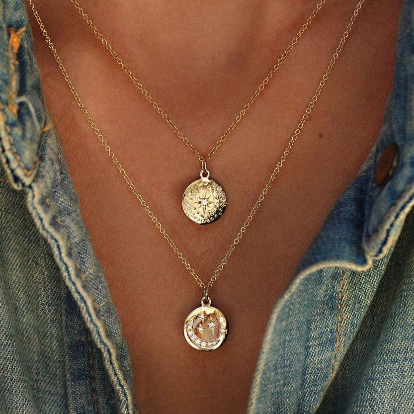

Gold Coin Pendant Necklace Star Moon Layered Necklace Minimalist Chain laxury Collier Femme Whater Drop Ketting Boho Jewelry