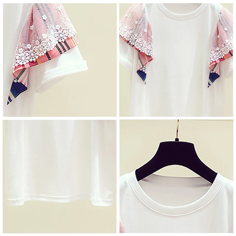 

Women Summer New Blue T-shirt Korean Mosaic Lace Contrast Stripes Crew Neck Short Sleeve Womens Casual Jacket Pull Shirt Student