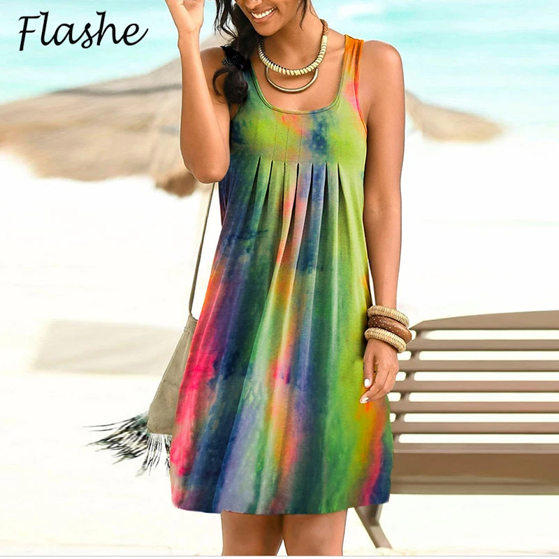 

Women New Summer Casual Dress Sleeveless Tie-dye Print Short Dress O Neck Elegant Party Dress Plus Size Vestidos S-5XL