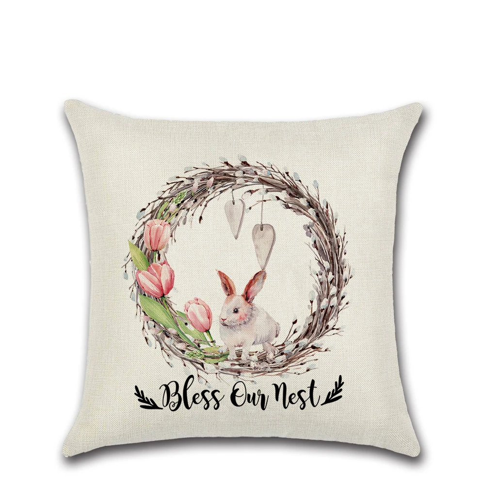 

Easter Day Cushion Covers Fauxlinen Decorative Pillowcase Printed Square Woven Throw Pillows Covers for Home Decor Sofa Chair