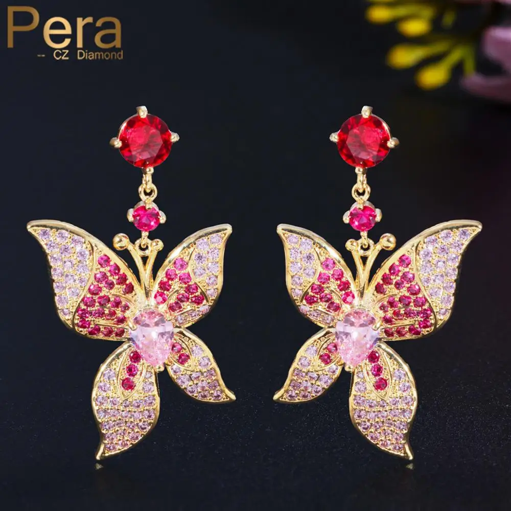 

Pera Romantic Red Cubic Zirconia Large Pink Butterfly Drop Long Dangle Earrings for Ladies Costume Prom Party Jewelry E625
