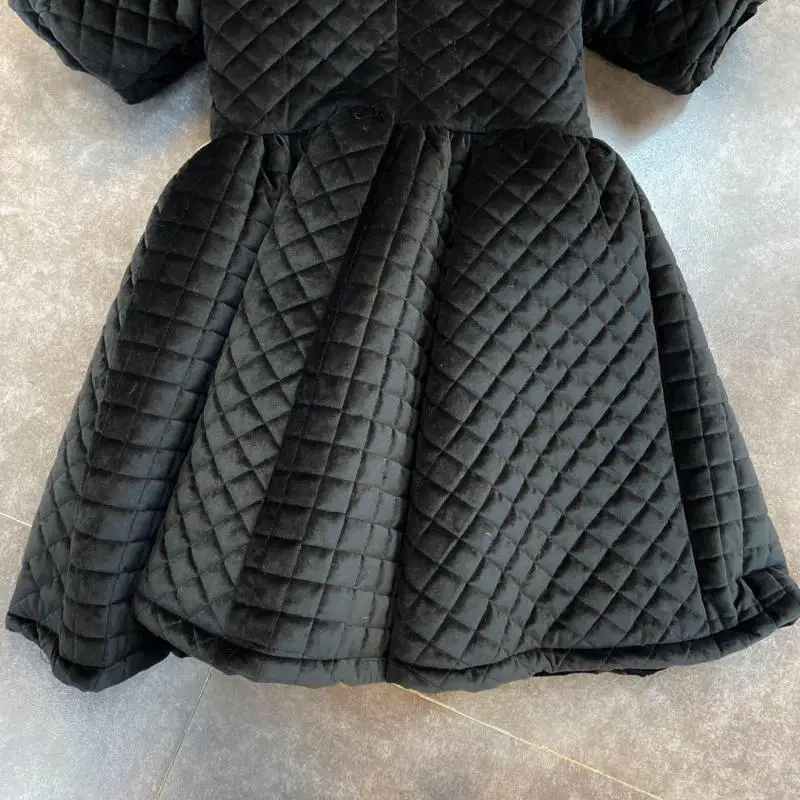 

Women High Waist Dress Cotton Padded Winter Black Puff Sleeve Dresses Diamond Bow Long Dress All Match Vintage Dresses 2020