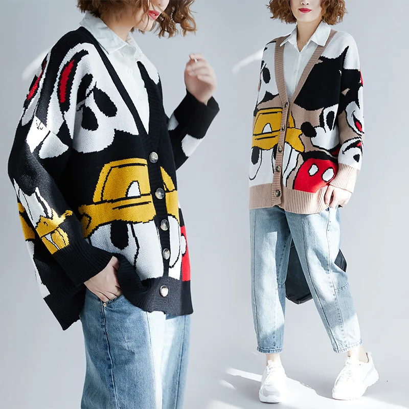 2019 Autumn Women's Large Size Cardigan Coat Literary Bat Sleeve Sweater Mickey Contrast Color Loose Thick |
