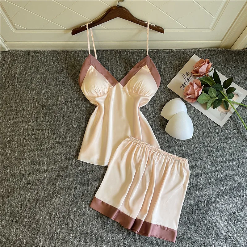 

Pajamas Set Women Summer Sexy Strap Top&Shorts Silky Satin Sleepwear Nightwear Sleeveless V-Neck Patchwork Home Clothes Pijamas