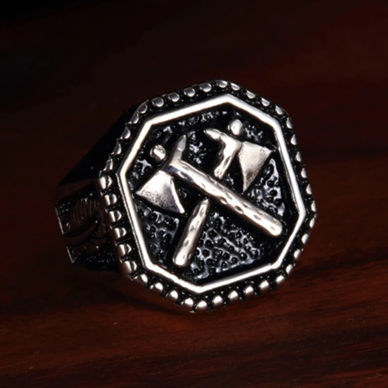 

Hot Crossed Battle-Axe Ring Viking Titanium Steel Ring With Silver Or Gold Plating for Men
