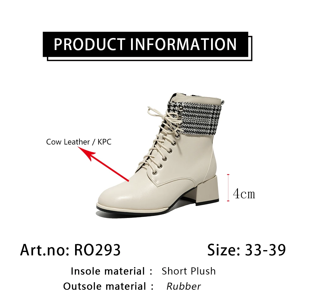 

RJN New Stylish Winter Ankle Boots Comfortable Round Toe Square Mid-heel Women Shoes Lace-up Warm Short Plush Boots Basic RO293