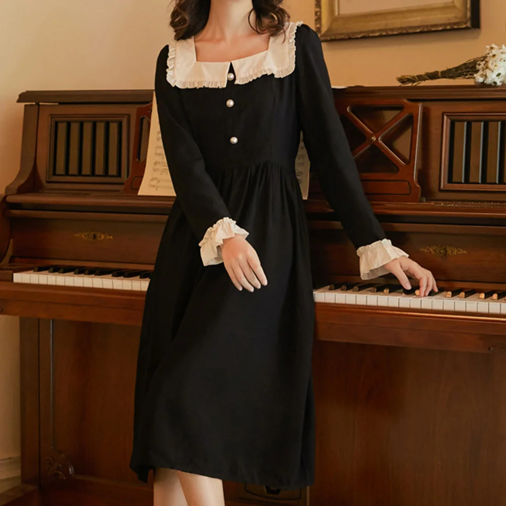 French Retro Lace Patchwork Square Collar Women Dress Summer Sexy Long Sleeve Midi Dresses Gothic Elegant Court Black Sundress | Женская