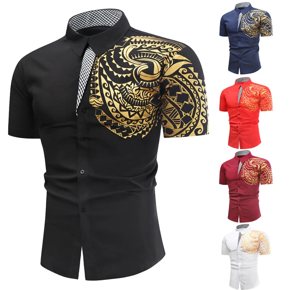 

2021 New Brand Gold Print Striped Shirt For Men Streetwear Short Sleeve Luxury Dress Shirts Men Casual Gold Shirt