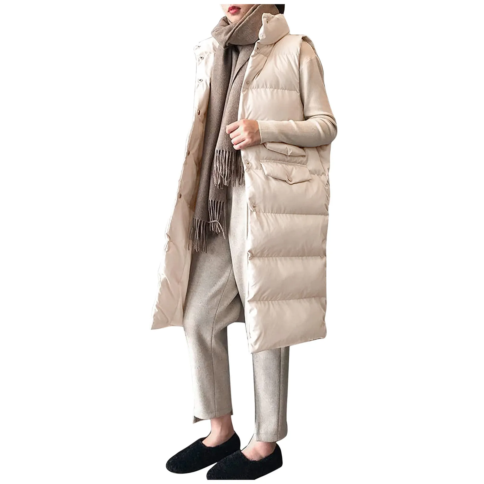 

Women's Warm Down Coat Long Winter Coat Vest Sleeveless With Pockets Quilted Vest Down Jacket Quilted Outdoor Jacket #8