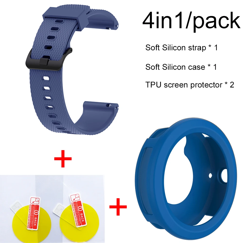 Navy blue-Blue case 4в1 умные часы аксессуары для Garmin Vivoactive3 Ремешок Браслет мягкий силиконовый браслет для Vivoactive 3 Чехол пленка для экрана - Цвет: Navy blue-Blue case