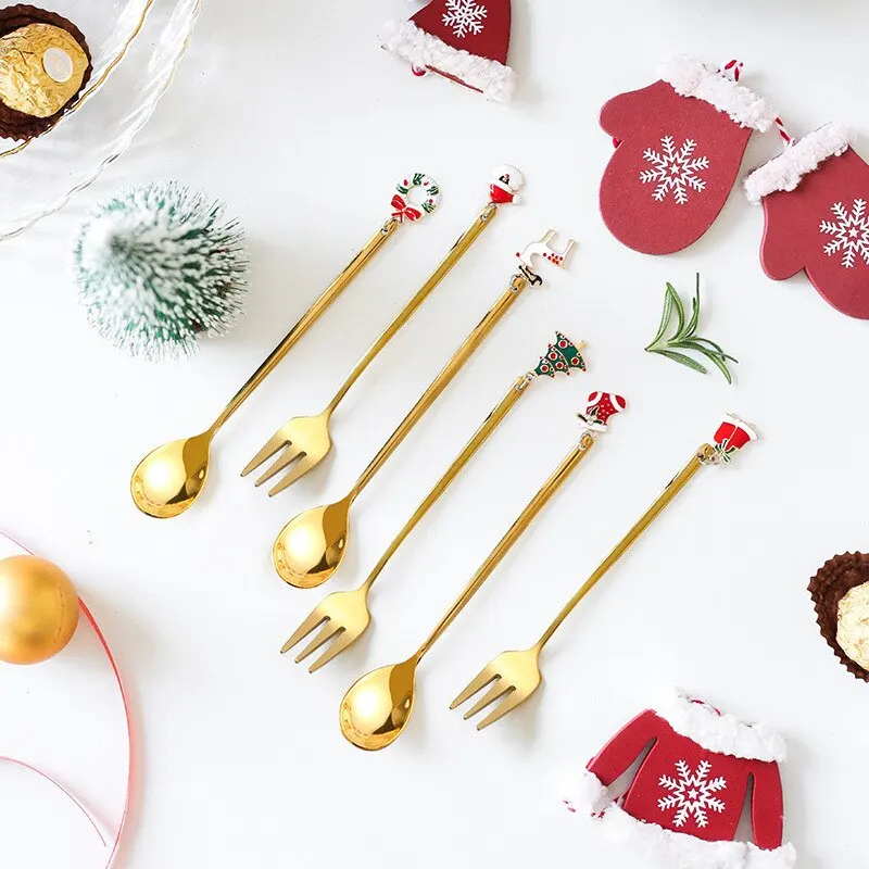 

Wholesale Christmas Coffee Spoon & Fork Sets Coffee Stirring Spoon Creative Dessert Tea Spoon Shovel Christmas Gift Box