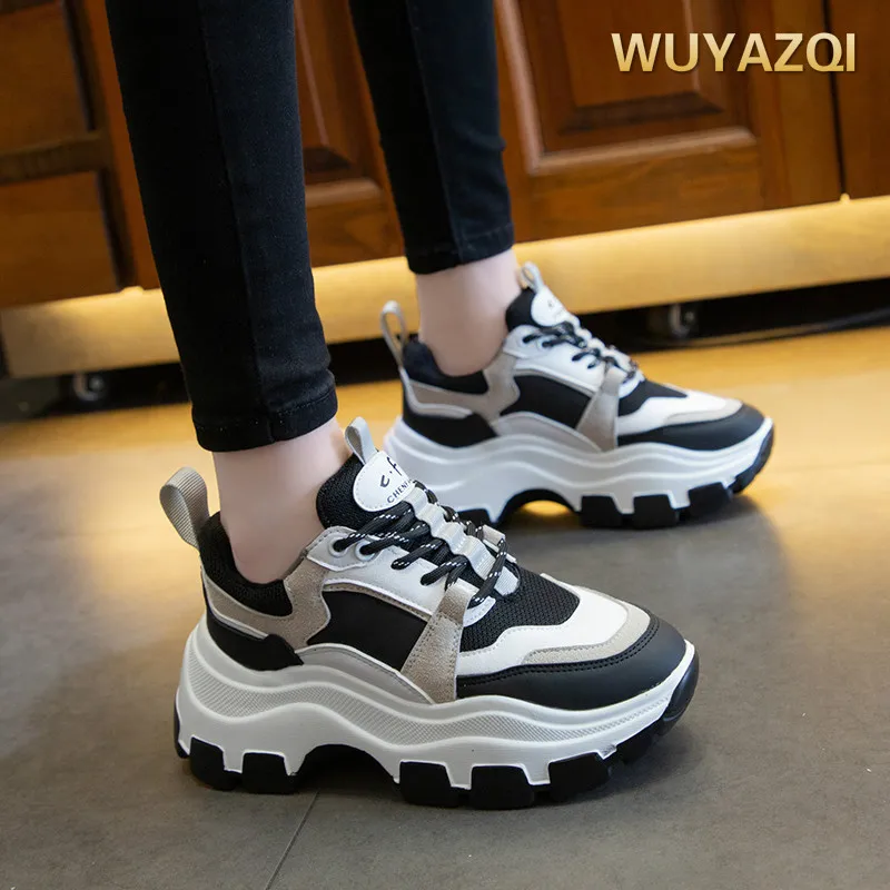 

WUYAZQIWomen Chunky Sneakers Vulcanize Shoes Korean Fashion New Female Black White Platform Thick Sole Running Casual Shoe Woman