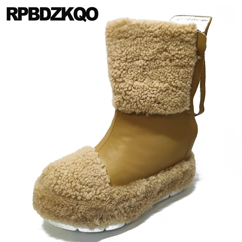 Сапоги женские зимние из овечьей шкуры на высоком каблуке с натуральным синим