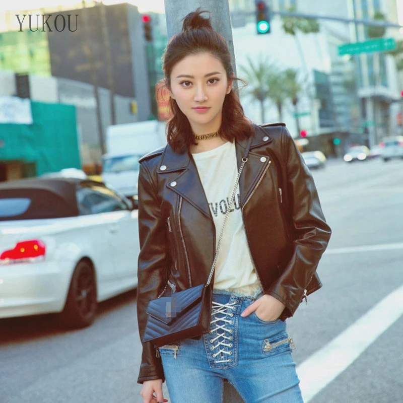 

YUKOU Woman Coat Fashion Female Jackets Motorcycle Clothing Real Sheepskin Leather Short Ladies