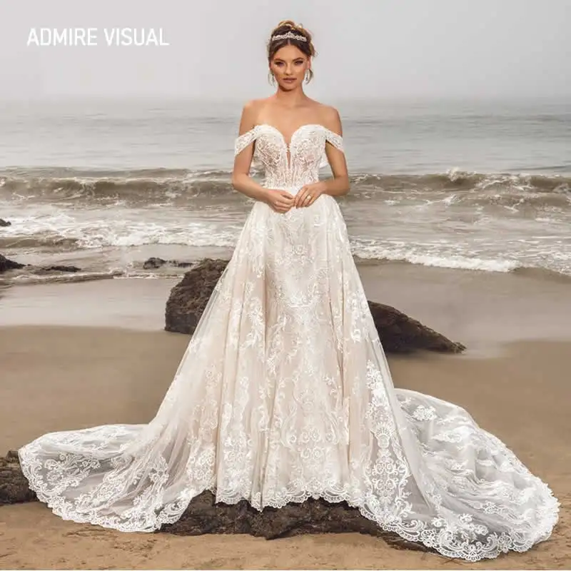 

Wedding Dress For Bride A-Line Lace Deep V-Neck Off The Shoulder Plus Size Marry Custom Msde Bride Gown Vestidos De Novia