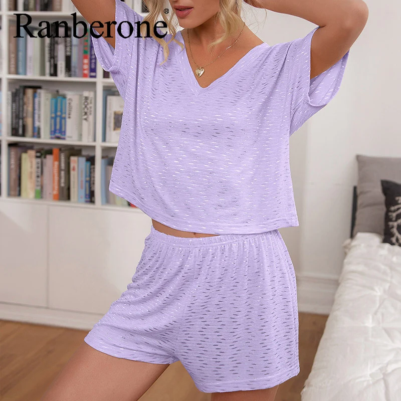 Ranberone Summer Shorts Sets Two Piece Set Women Tracksuit  Short Sleeve O-Neck Tee Tops + Shorts Suits Outfit Casual Nightwear