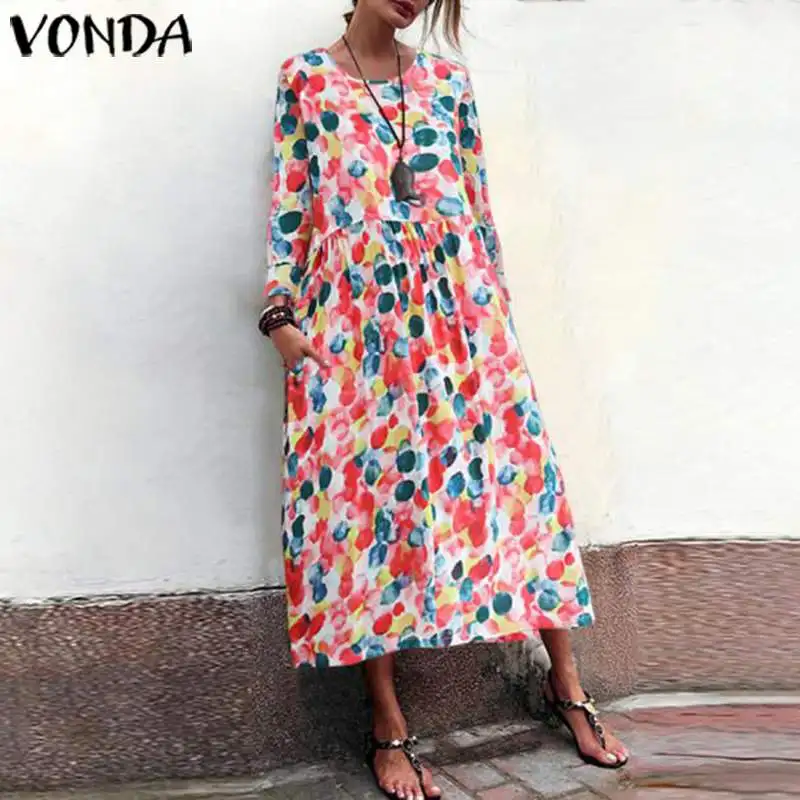 VONDA летняя футболка с круглым вырезом с длинным рукавом для будущих мам платье Повседневное печатных вечерние макси длинные платья свободные пляжный сарафан Femme Vestidos