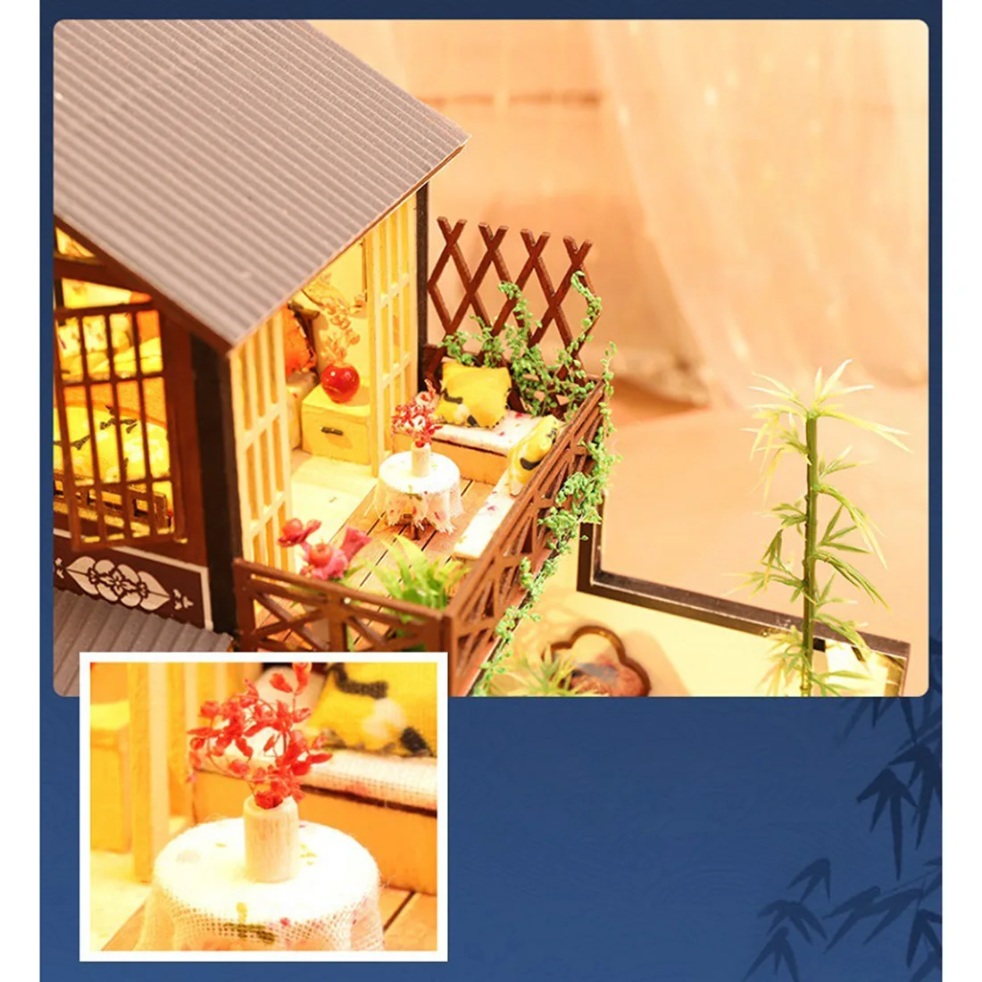 

Japanese Style DIY Wooden Puzzle Model Kit Assembly Cabin Construction Toy With LED Light And Dustproof Cover For Children Toys