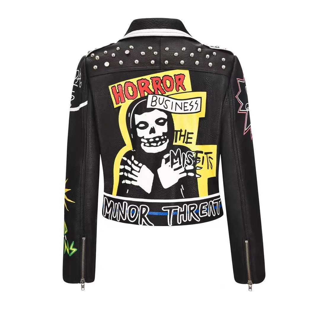 ZURICHOUSE Stylish Graffiti Print PU Leather Biker Jacket Women Lapel Slim Short Streetwear Punk Rivet Leather Jackets Mujer enlarge