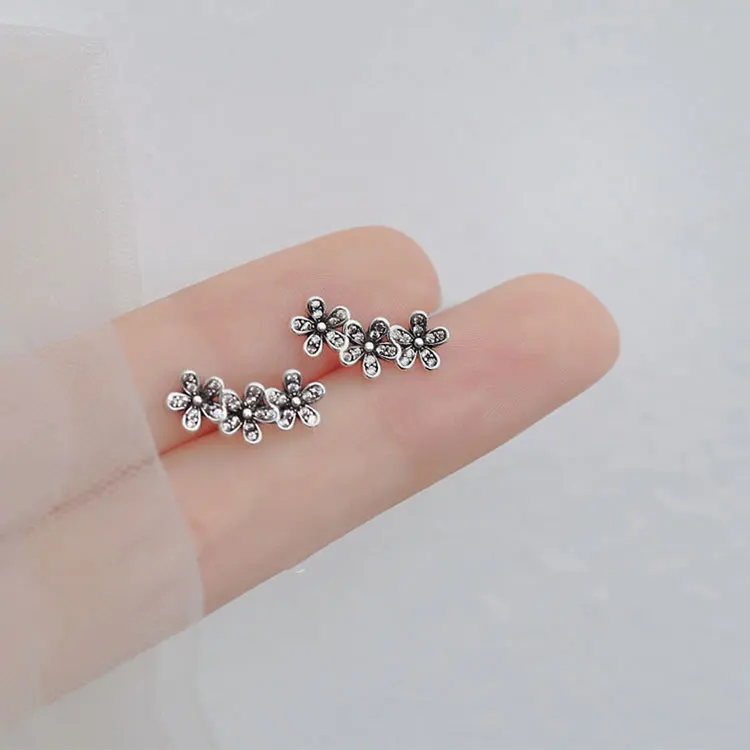 

100% Real 925 Sterling Silver Three Little Flower Stud Earrings Vintage Flower with Zircon Earrings for Women Girls