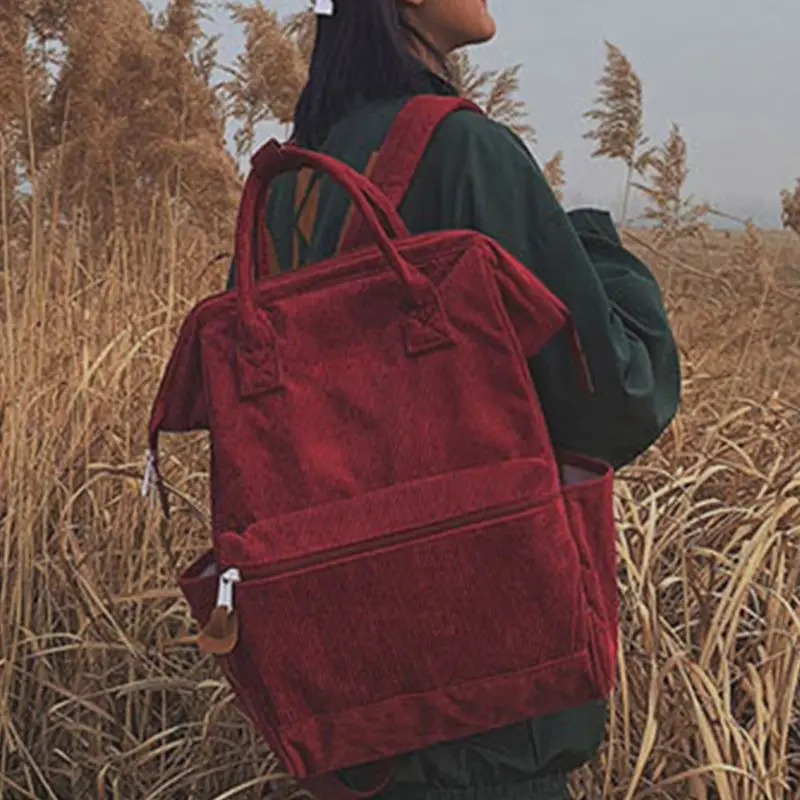 

Women Corduroy Travel Backpack Solid Color Rucksack Laptop Book Schoolbag Shoulder Bag for Teenage Girl
