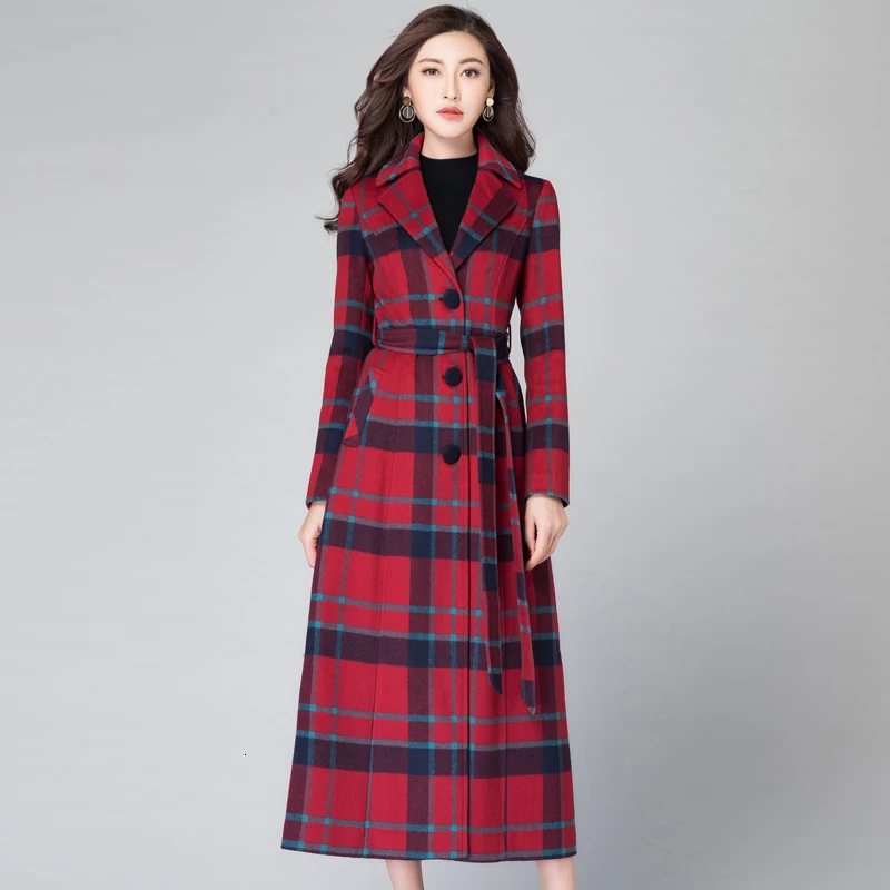 

Menteau Femme Autumn Winter Wool Women Plaid Pockets Office Work Long Coats Casual Lady Slim Long Sleeve Casaco Feminino