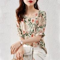 yarn stitching lace doll collar color short sleeved shirt design womens summer 2021 oversized t shirt chiffon silk