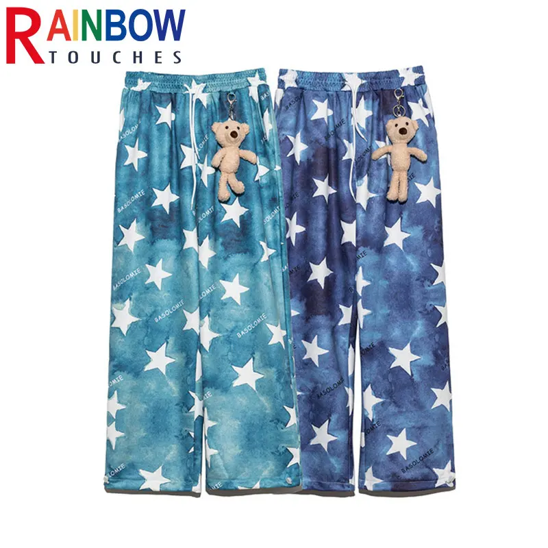 Rainbowtouches Fashion Classic Brand Men's Cargo Pants Bear Pendant Trousers Loose Straight High Street Style Unique Wide Legs