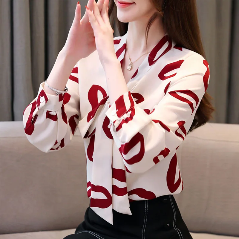 

Spring Autumn Women's Blouses New Lace-up Bowknot Chiffon Shirt Korean Style Loose Thin Printed Long Sleeve Female Tops GX309