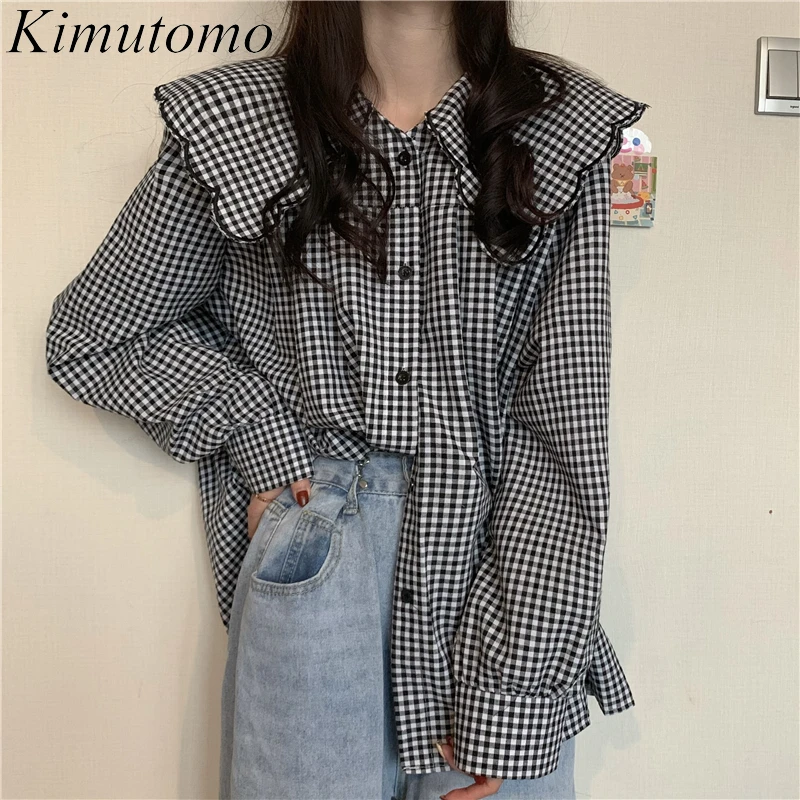 

Kimutomo Casual Plaid Blouse Women Peter Pan Collar Single Breasted Long Sleeve Shirt Female Spring Autumn 2021 Korea Chic